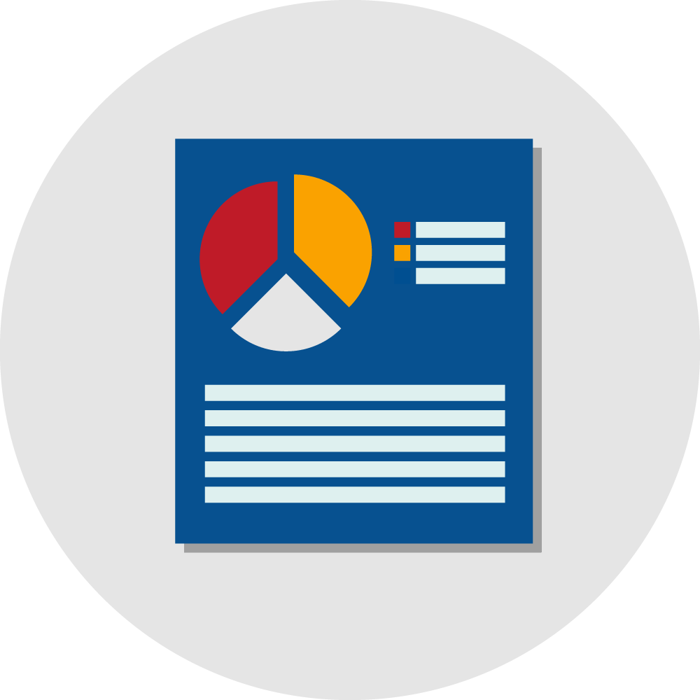 A pie chart on blue and white paper