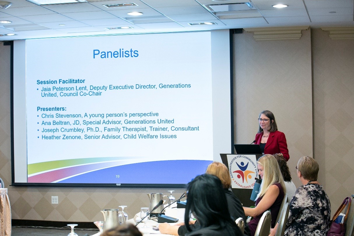 Jaia Peterson Lent, Deputy Executive Director, Generations United, Council Chair introducing the session presenters