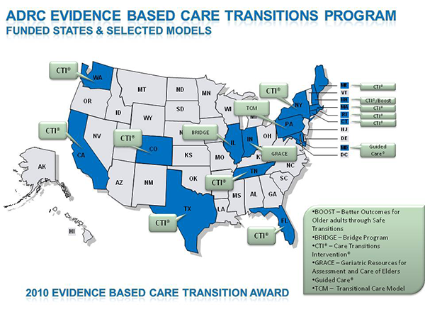 ADRC Evidence Based Care Transitions Program Funded States and Selected Models Map