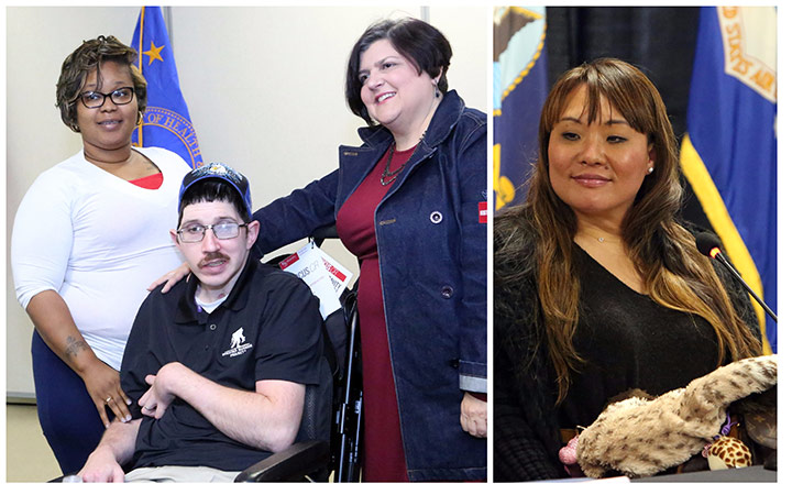 LEFT: David Rogers with his mom, Lauri, and caregiver Nadiyah Speight, Right: Jill Underritter speaking on the event panel