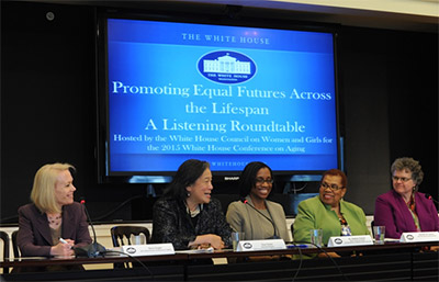 Photo of Nora Super, Tina Tchen, Nadina Gracia, Carolyn Colvin, and Kathy Greenlee at the White House, April 24, 2015