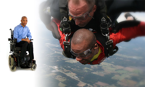 Unconfined Career image with man in wheelchair skydiving